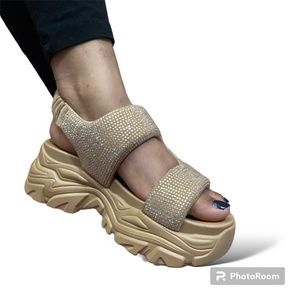 Women's Rhinestones Platform Sandals, Glitter Wedge Thick Sole Elastic Strap